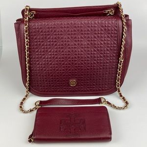 Tory Burch Quilted Oxblood Leather Bryant Saddle Convertible Shoulder Bag/Wallet